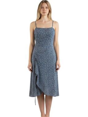 Blush J Ditsy Floral Midi Dress Navy Blue Ruched Asymmetrical Spaghetti Strap S